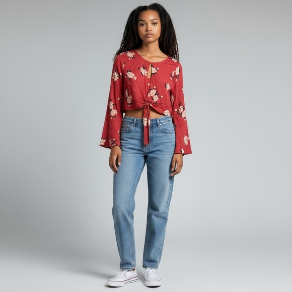 dont ask why Tops - Elegant Floral Tie-Front Blouse